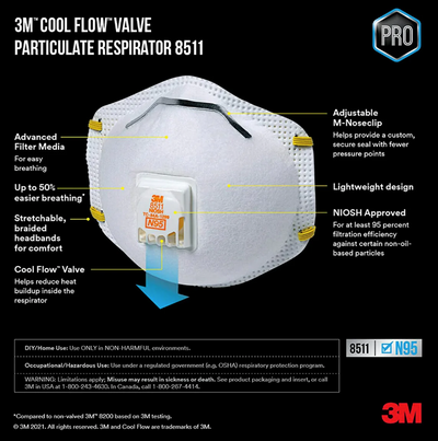 3M 8511 N95 Respirator with Cool Flow Valve Pk 10/Box